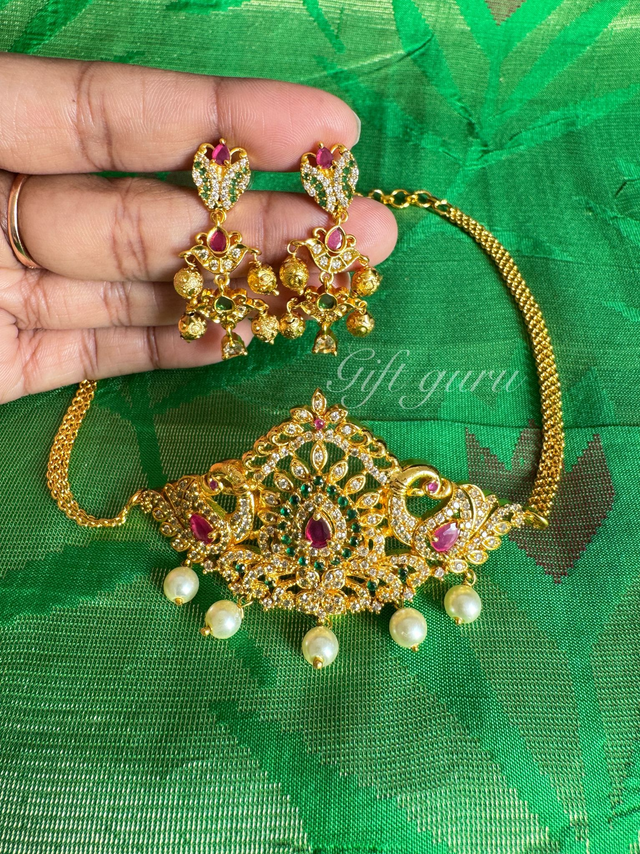 Temple Jewellery Collection – Peacock Choker with Earrings &amp; Pearl Hangings