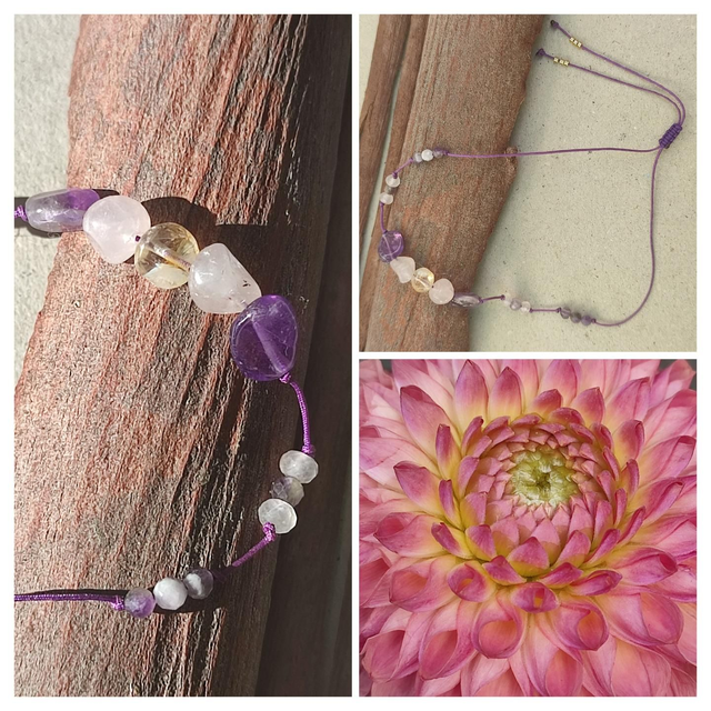 Bracelet en améthyste, citrine &amp; agate rose (pierres naturelles) réglable sur fil de jade