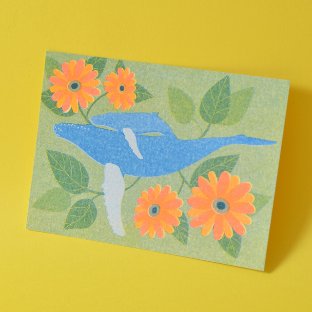 *last chance* Carte postale RISO cétacés & fleurs : les baleines à bosse aux germinis