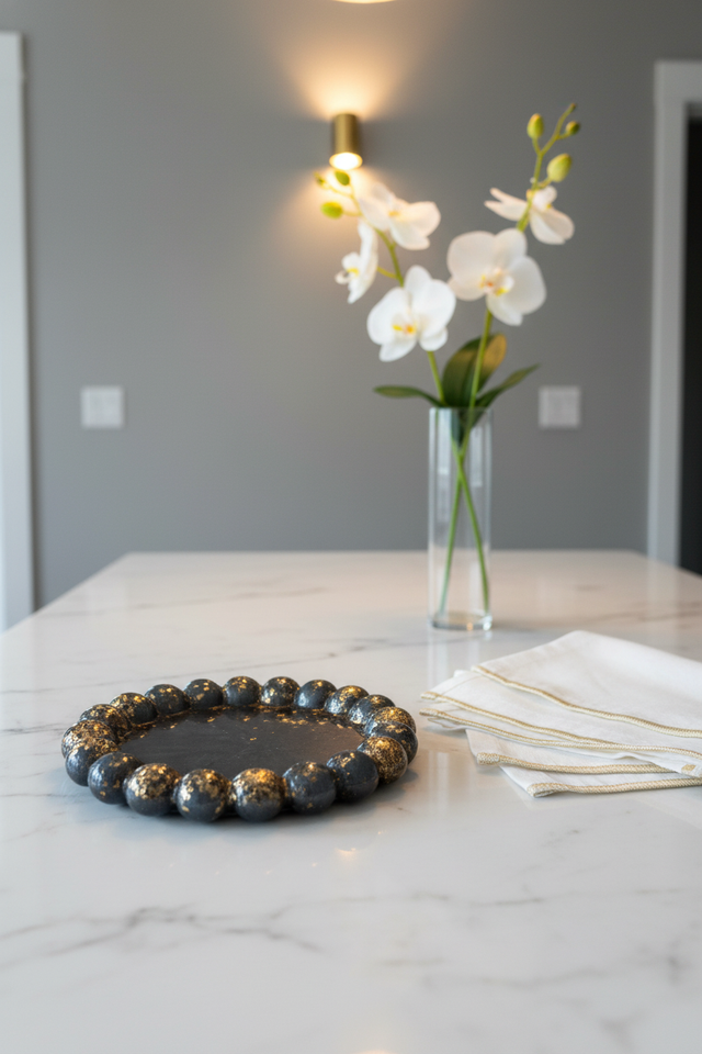 Porte  bijoux galets rond -  Gris anthracite & paillettes champagne