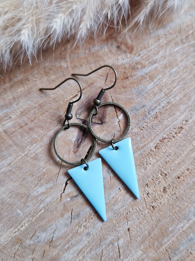 Boucles d'oreilles "Triangles émaillés" - Modèle bronze et bleu clair