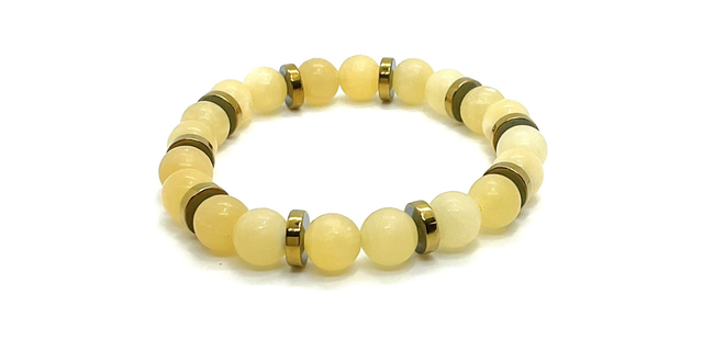 Bracelet Jade jaune 8 mm et Hématite dorée