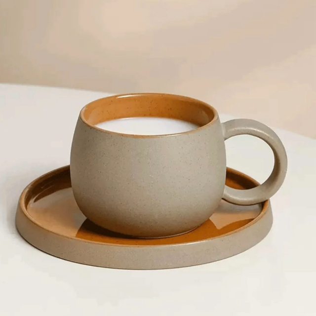Handmade Ceramic Cup with Saucer/Plate 250ml - Mustard 