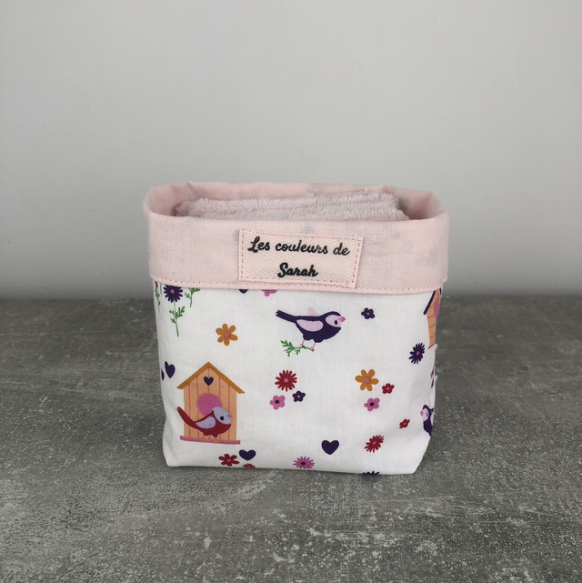 Lingettes lavables et pochon rose mésanges 