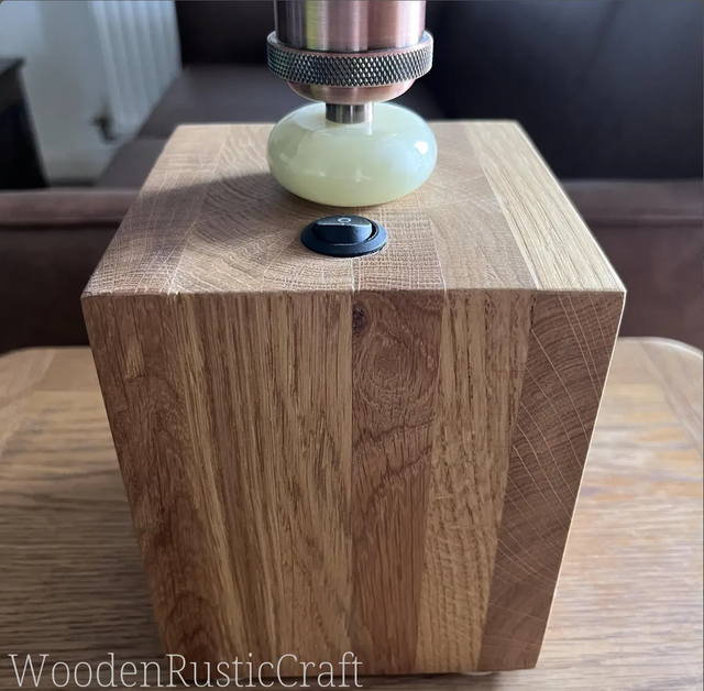 Large, Heavy Oak Cube Lamp with Metal Bulb Guard