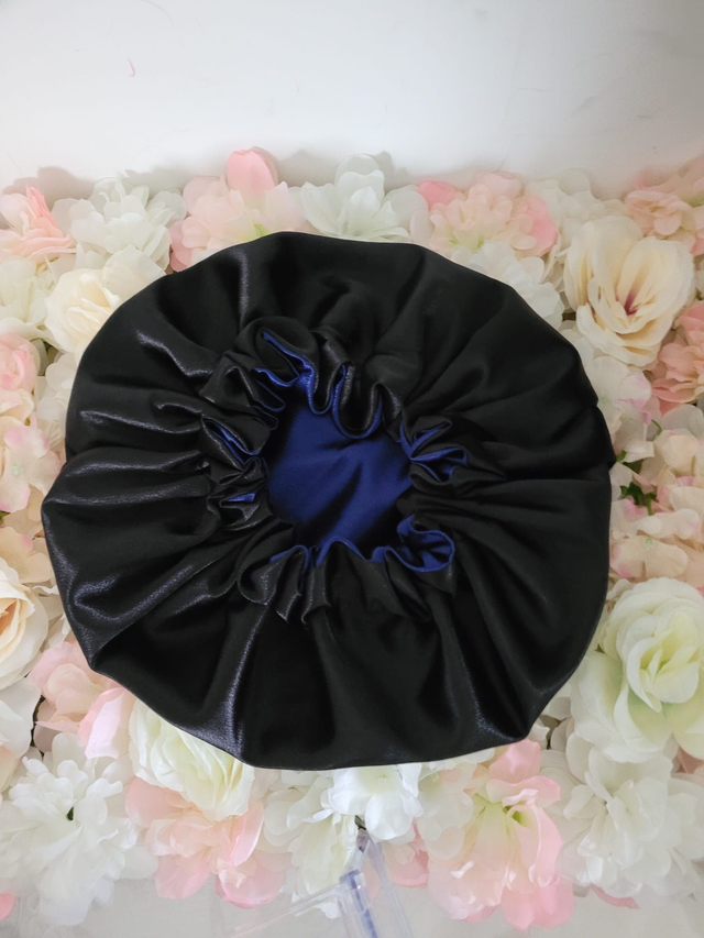Bonnet en satin américain réversible Bleu & Noir | Protection cheveux nuit | Anti-frisottis | Tailles S, M, L | Double face fait main
