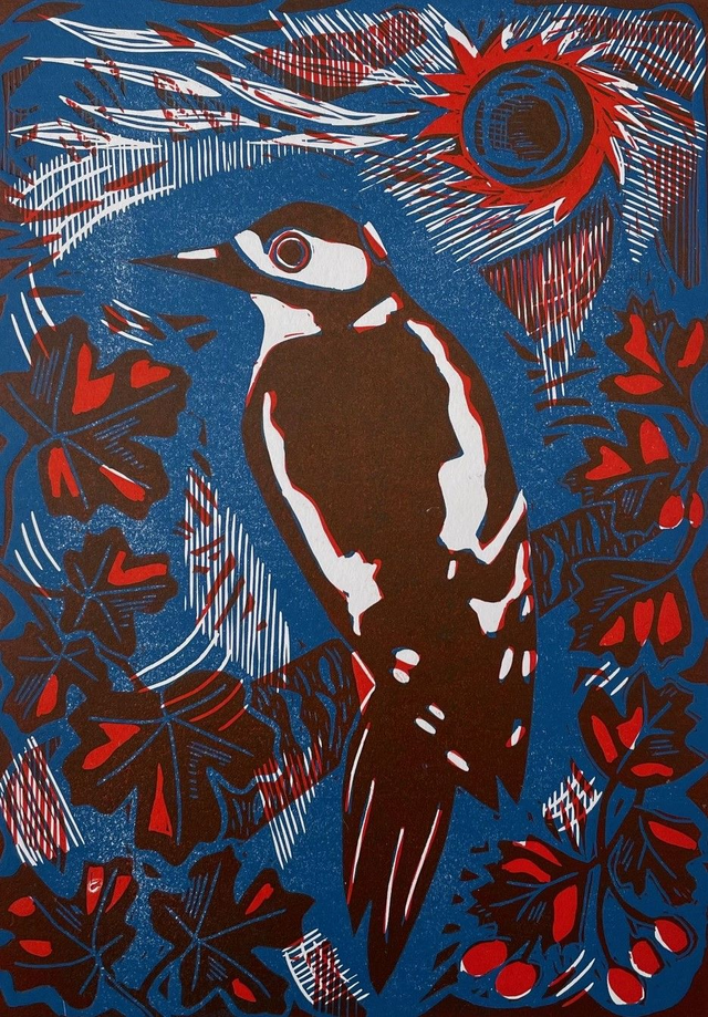 Woodpecker, limited edition linocut print