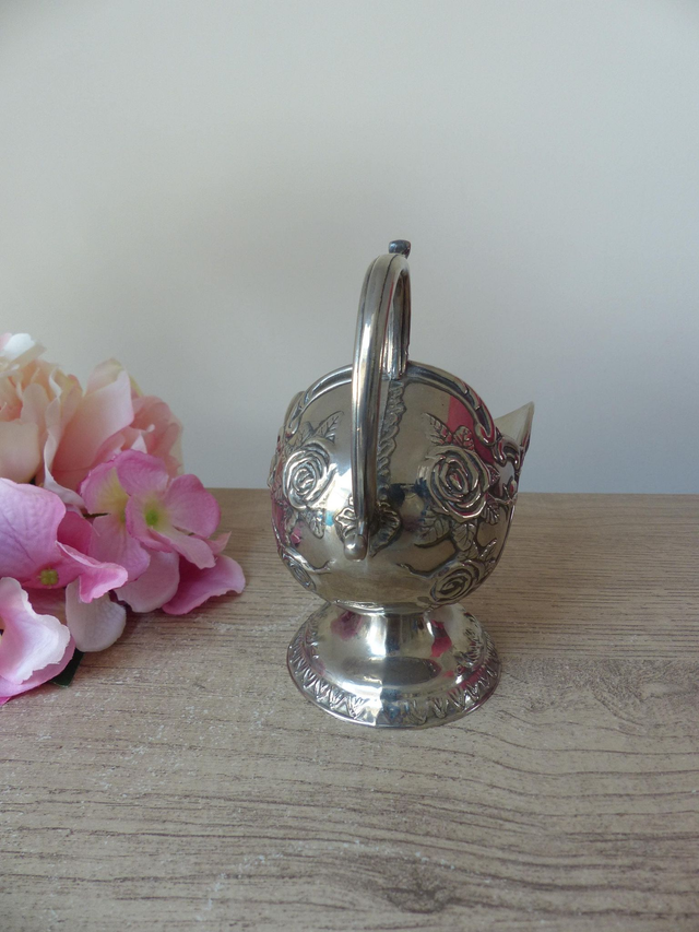 Sucrier vintage en métal argenté – Pot à sucre en alliage de zinc plaqué argent avec motifs floraux – Élégant accessoire de table rétro