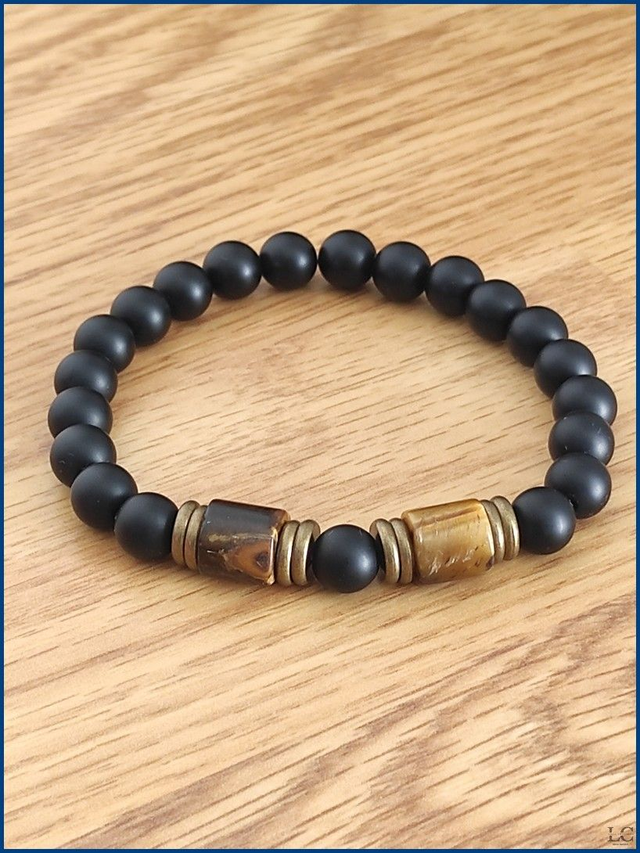 Bracelet Oeil de tigre cylindrique et Agate noire 