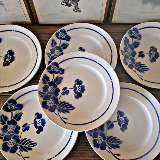 X Assiettes Moulin des Loups Orchies, décor fleurs bleues (lot de 6)