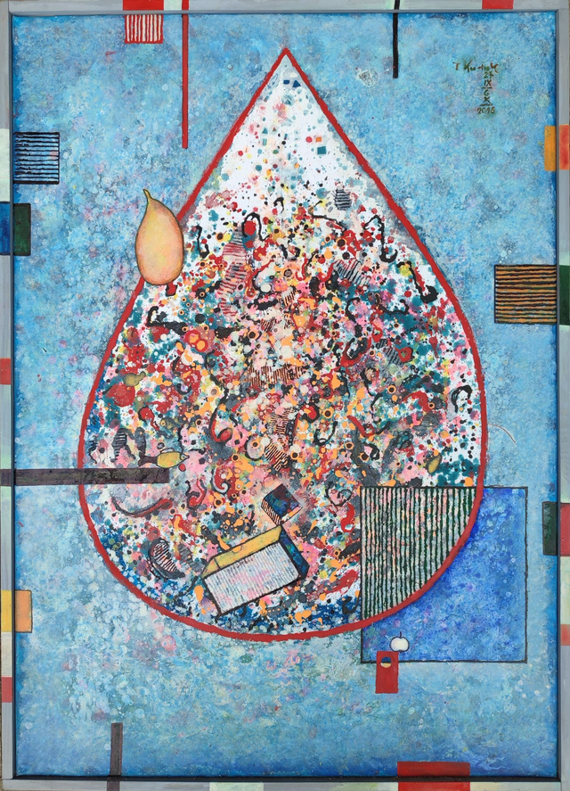 Krople w błękicie, 72x52 akryl płótno 2018