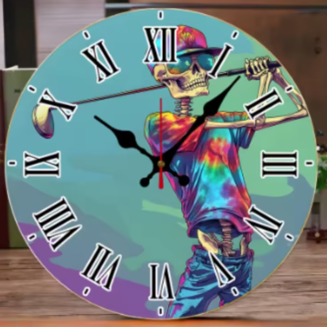 Ronde wandklok van hout Golvend Skelet (25cm)