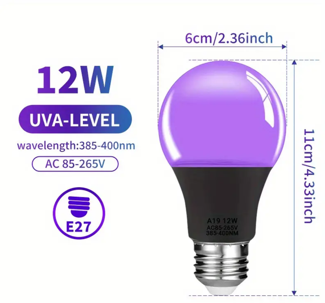 Blacklight LED-lamp E27 fitting met snoer 180 cm met schakelaar.