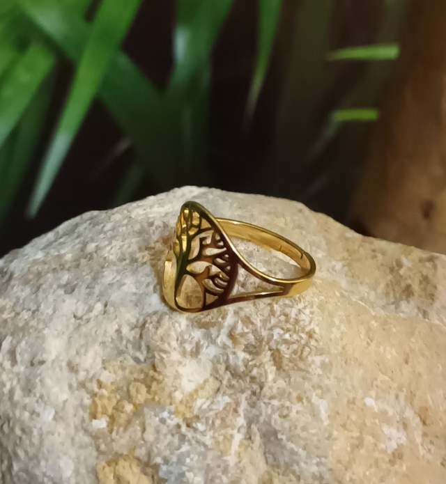 Bague ajustable arbre de vie dorée en acier inoxydable