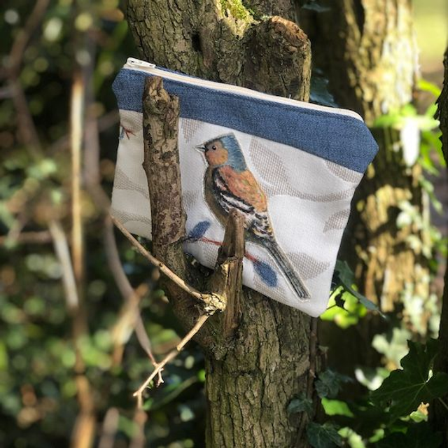 Chaffinch on a branch upcycled pouch