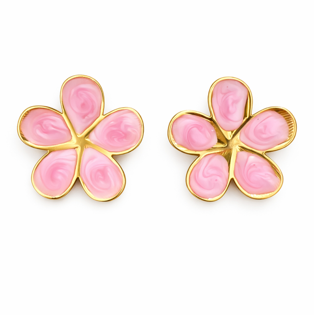 Pendientes acero dorado flor rosa 