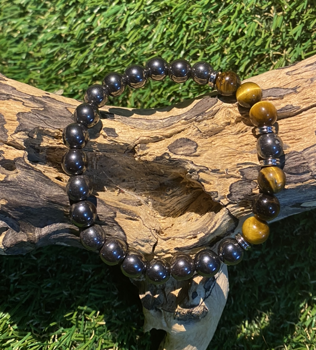 Bracelet Oeil de tigre et Hématite en perles 8mm