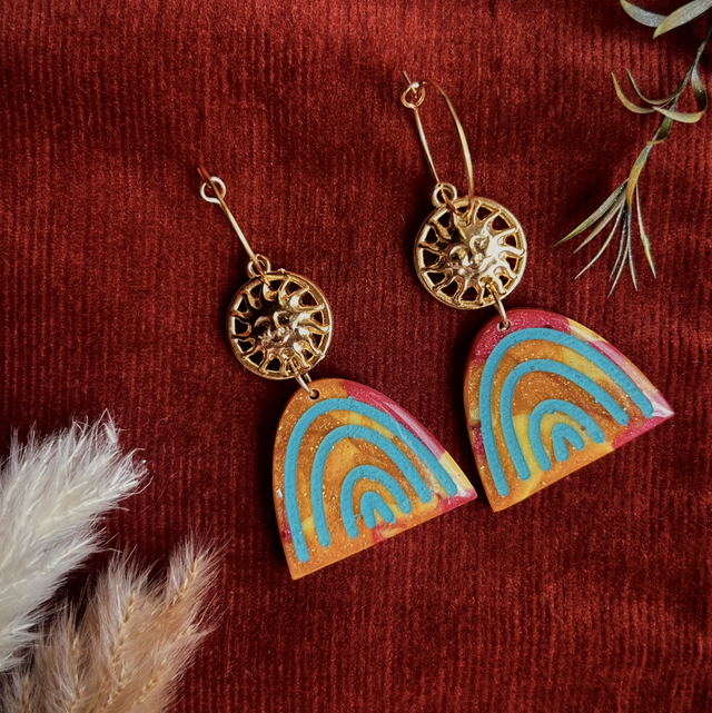 Rainbow and Sun Earrings with Turquoise Details