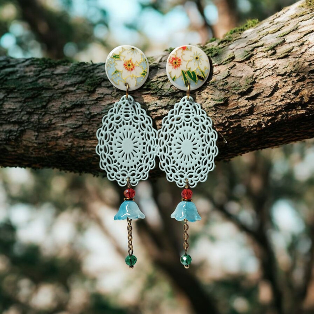 Boucles d'oreilles pendantes motifs japonais bleu rouge