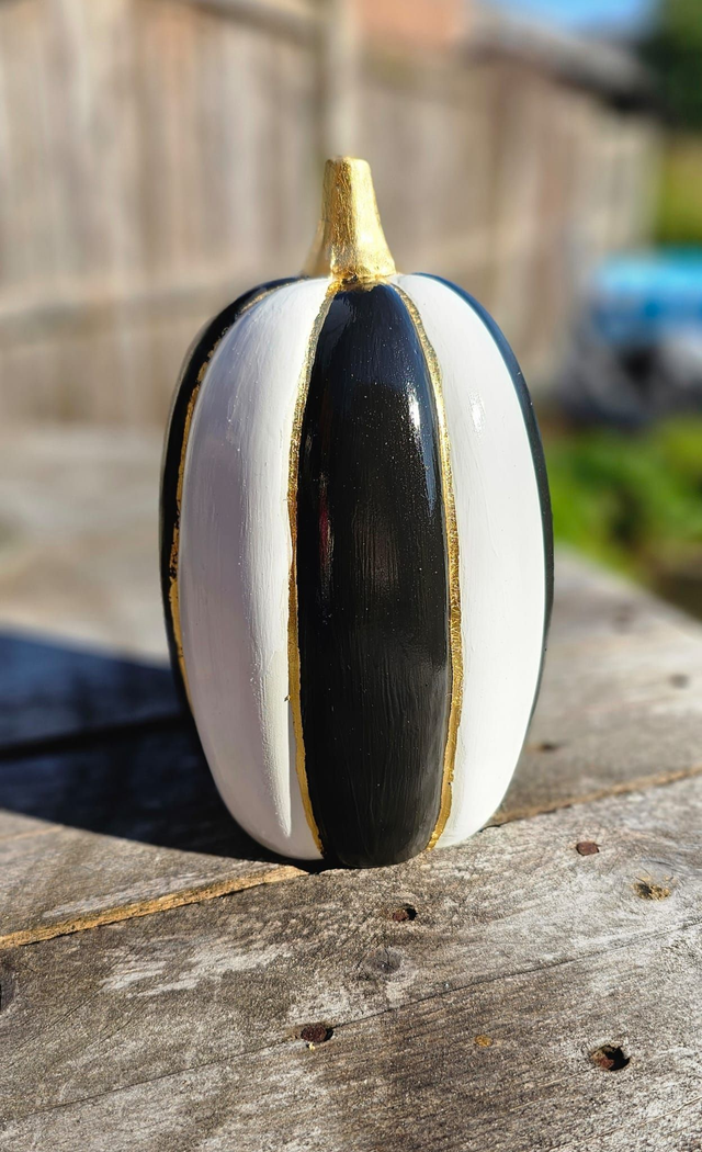 Black, White &amp; Gold Ceramic Pumpkin - Stripes