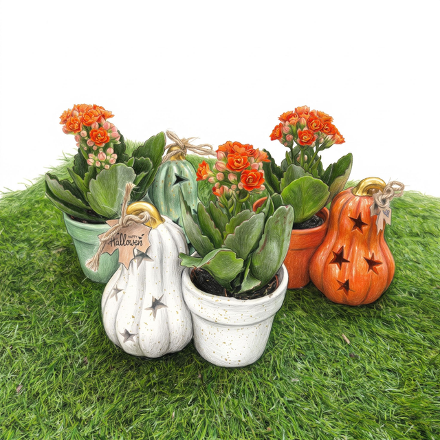 Duo d’automne Kalanchoé &amp; Courge photophore d’Halloween