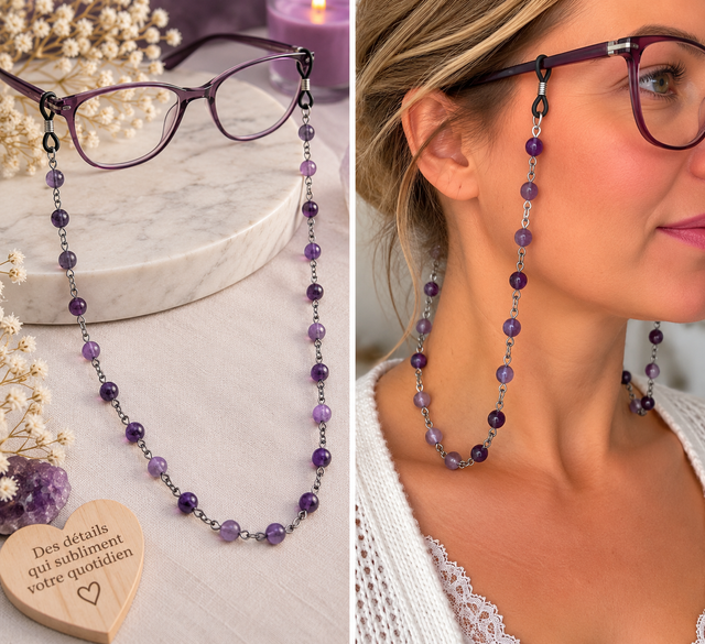 Chaîne de lunettes en acier inoxydable et pierres naturelles 