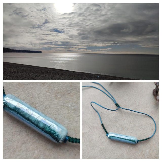 Bracelet céramique reflets de bleu,sur fil de jade résistant et réglable 