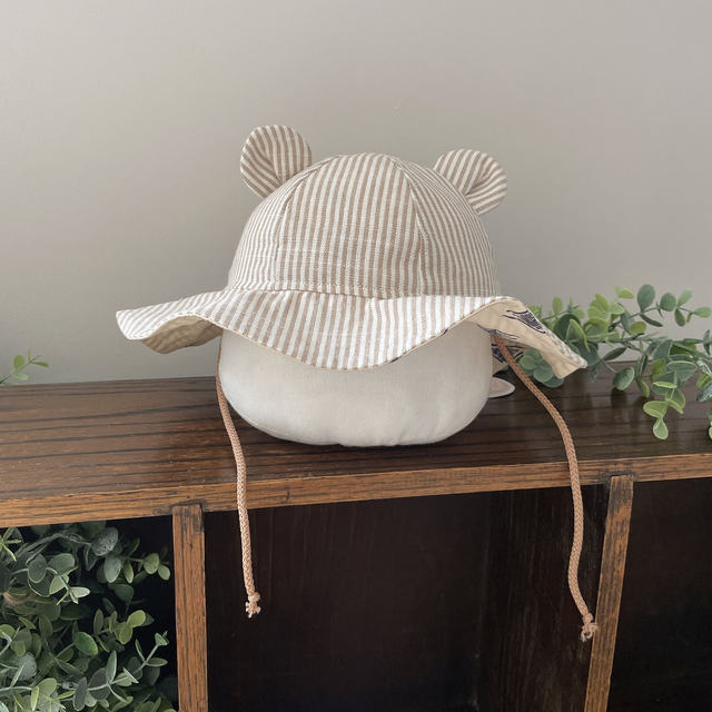 Beige Striped Linen Bear Sunhat