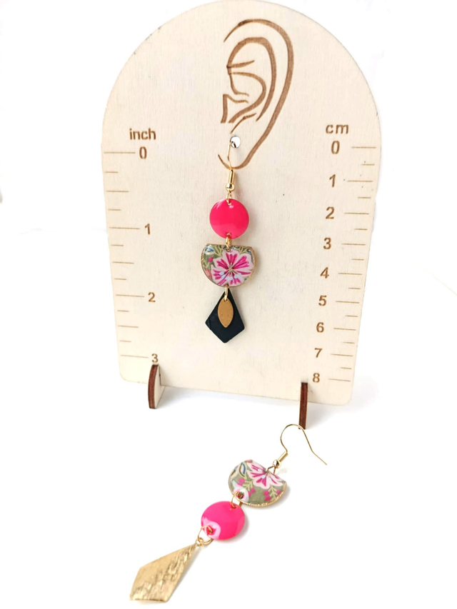 Boucles d'oreilles Asymétriques Upcyclées en Chambre à Air et Papier Recyclés - Florales