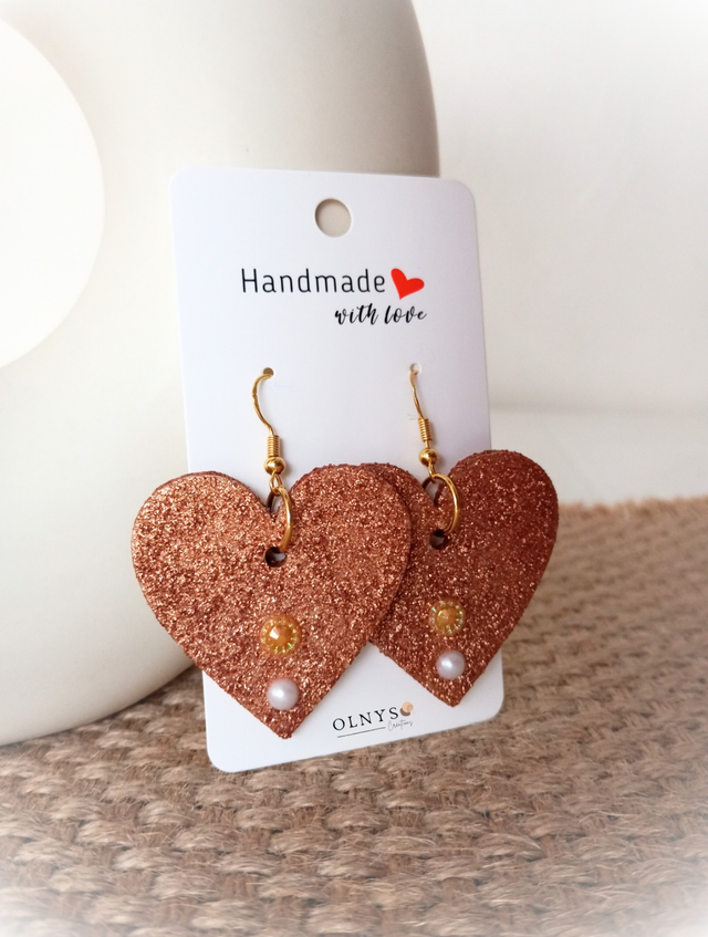 Boucles d&#039;oreilles Coeur en bois / Paillettes bronze