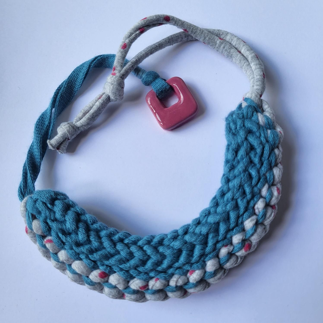 Knitted Yarn Necklace - Dusty Blue/Grey Spot