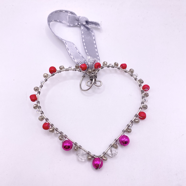 UPCYCLED Heart Hanging Decoration handwired deep pink and clear vintage beads on silver tone wire