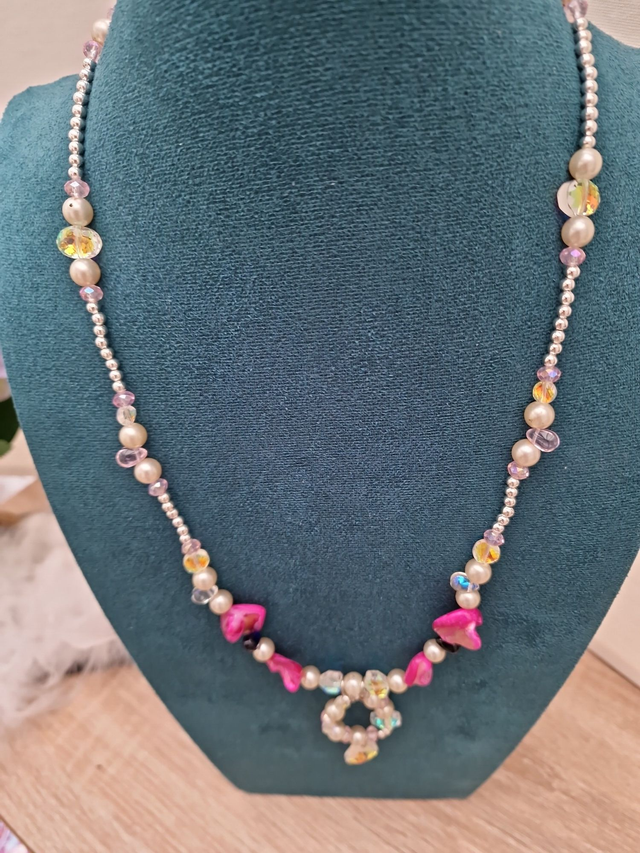 Collier Sautoir Perles Nacrées Perles Cristal Perles Coquillage Fuchsia