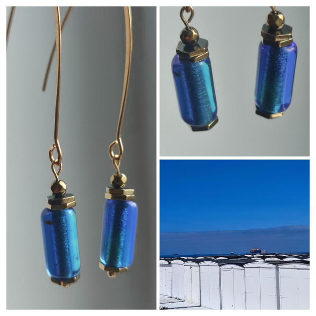 Z-Boucles d&#039;oreilles en verre bleu Klein et hématite doré en acier inoxydable doré -sans nickel, pièce unique 
