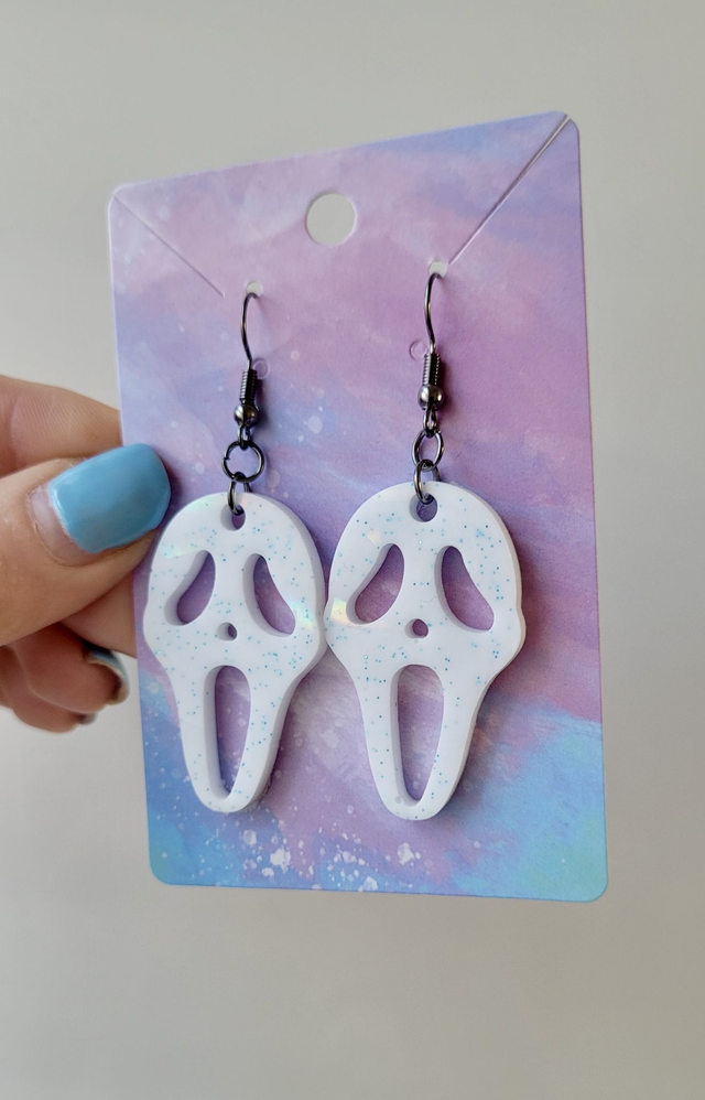 Earrings | Ghostface Scream Earrings - White &amp; Blue Glitter | Stainless Steel Hooks - Gunmetal Black