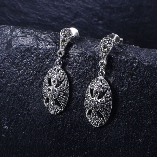 Pair of Elegant Sterling Silver 925 Art Deco Style Marcasite Gemstone Ornate Oval Shield Design Drop Dangle Earrings