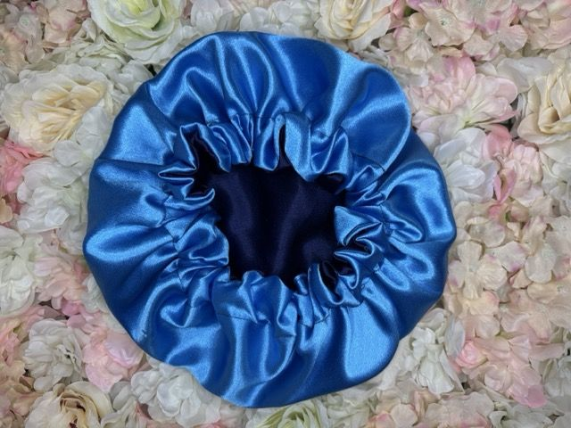Bonnet en satin américain réversible Bleus | Protection cheveux nuit | Anti-frisottis | Tailles S, M, L | Double face fait main