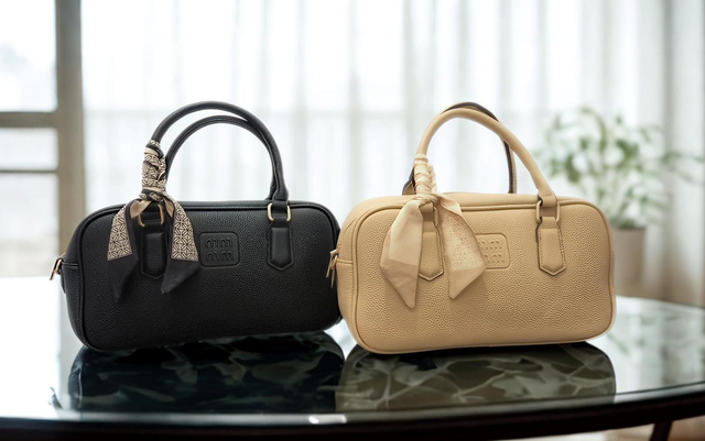 Bowling Style Handbag with Scarf Detail