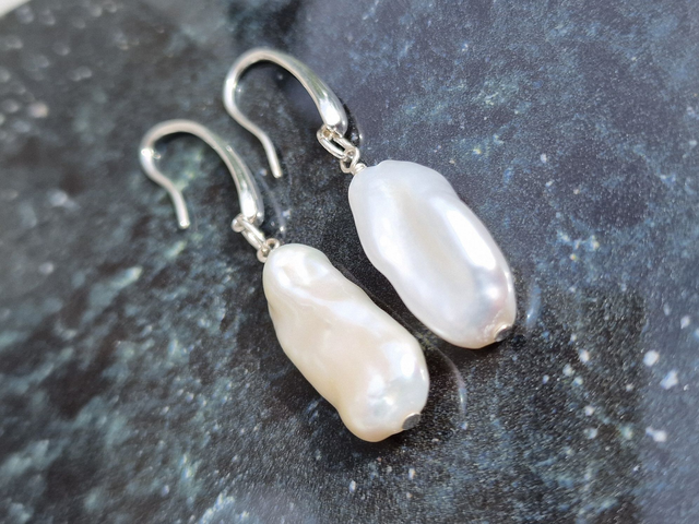 Biwa/Stick Natural Freshwater pearl drop earrings. 925 Recycled silver. Pearl approx 23x10mm. Each pair will vary due to the nature of the pearls.