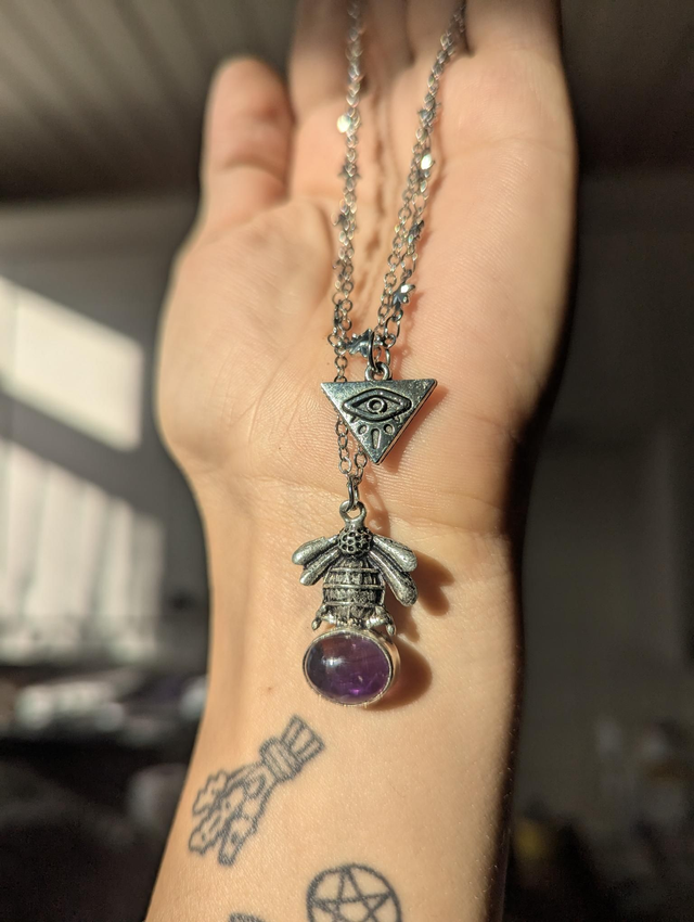 Double chain bee amethyst and evil eye stars 