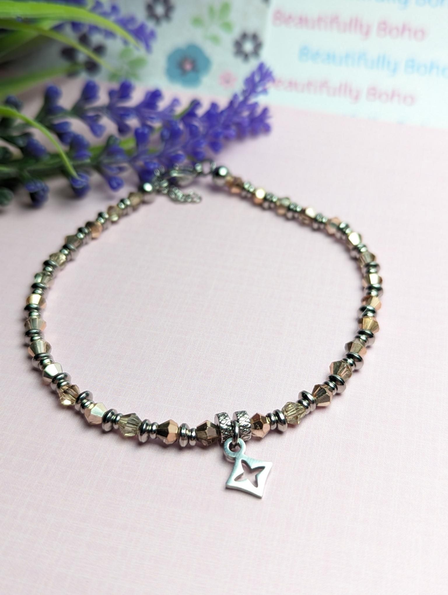 Stainless Steel Boho Beaded Anklet with Geometric Charm