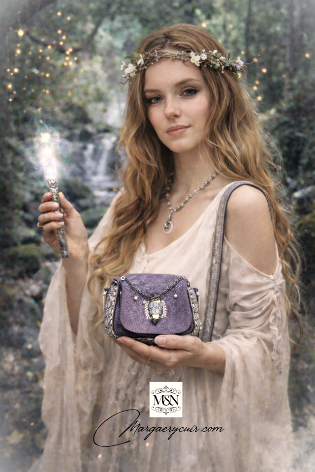Petit sac en peau et cuir lilas, et sa bourse assortie