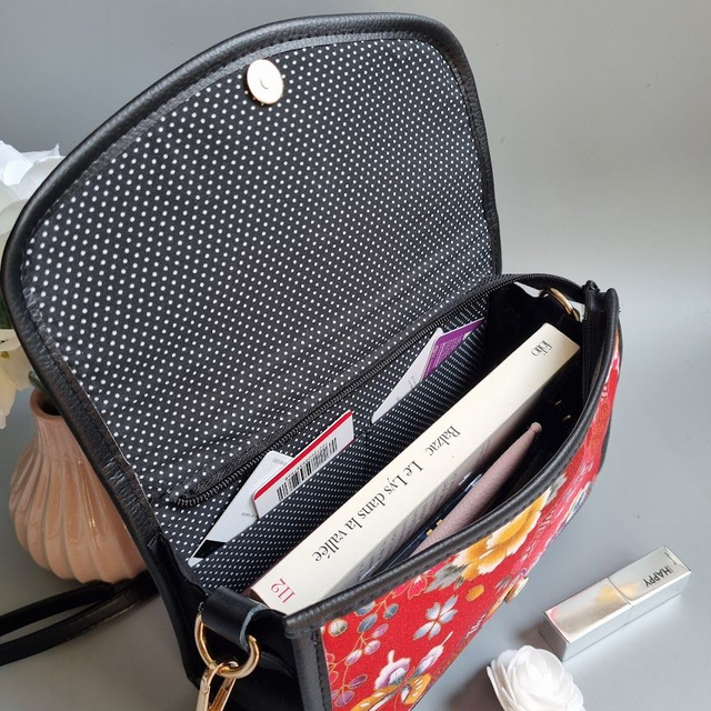 Mini-sac cartable "Kaori" rouge & simili cuir noir