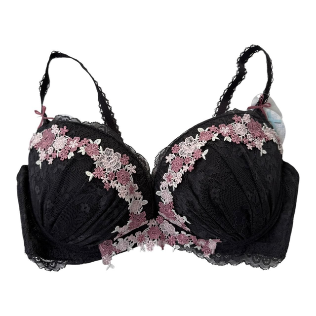 Black and Pink Floral Embroidered Japanese Bra UK 32DD 