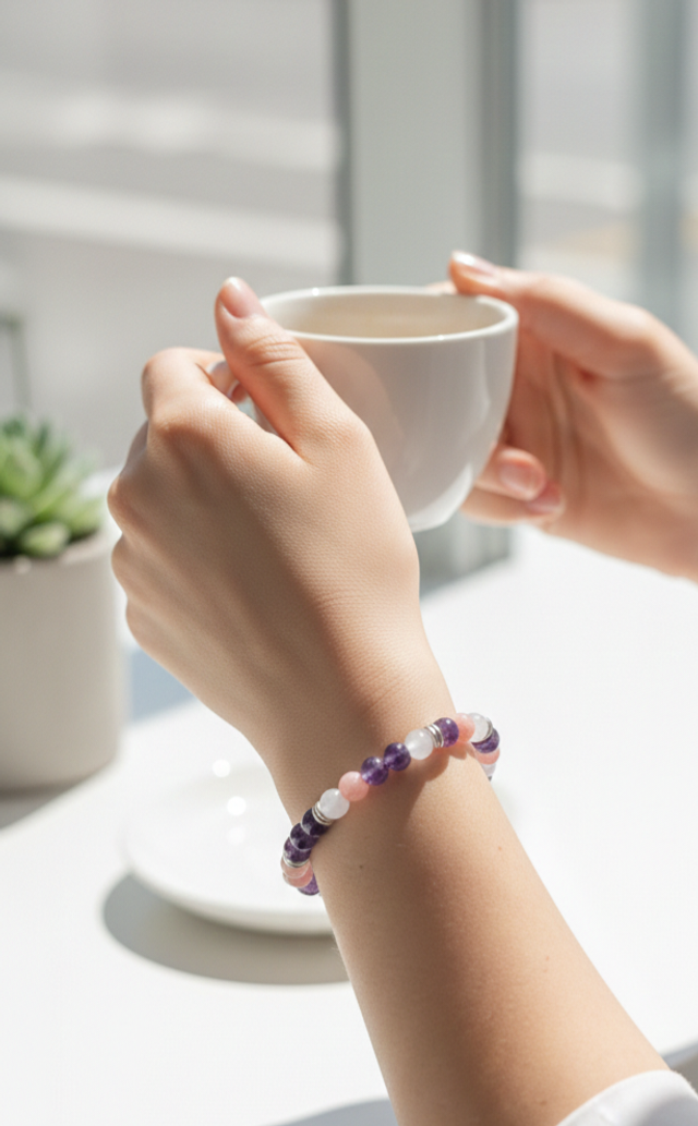 Bracelet "Équilibre &amp; Sérénité" – Améthyste, Rhodochrosite et Pierre de Lune