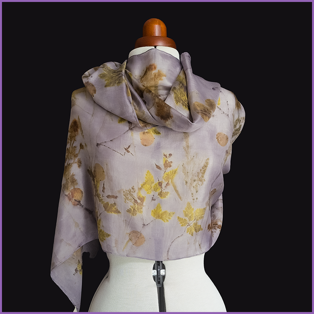 100 % Silk Scarf - 180 cm x 45 cm - eco printed with Eucalyptus, Bidens, Pelargonium and wild grasses, soaked in an iron and oak gall blanket