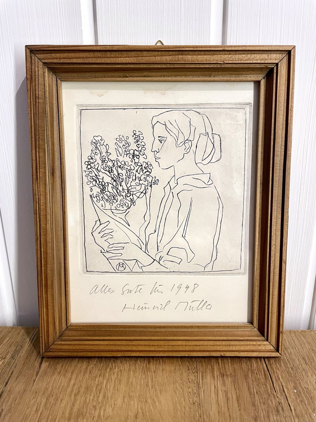 Gravure Femme au bouquet par Muller 1948