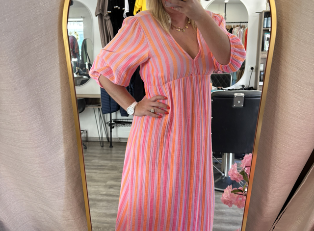 Robe longue rayé rose et orange gaze de coton 