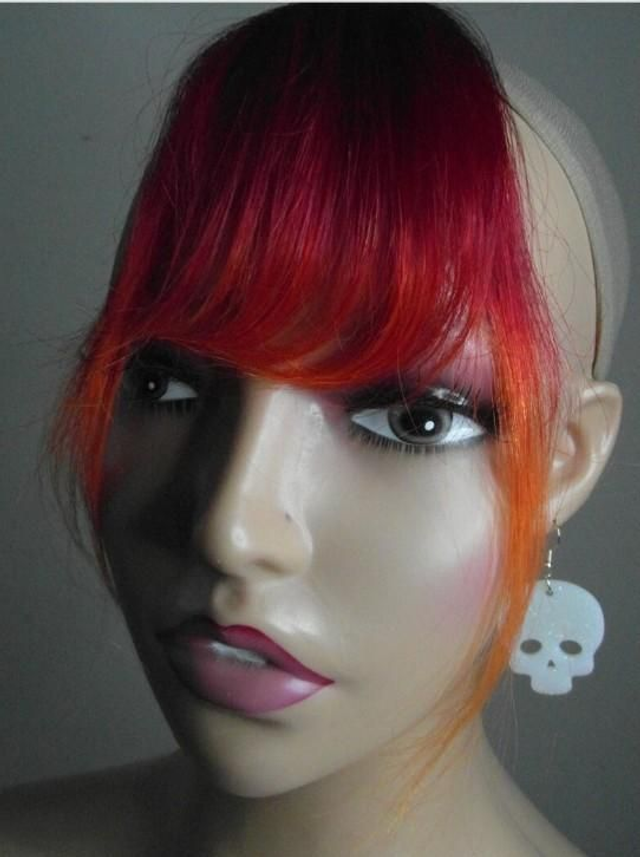 Hand dyed human hair clip in bangs red and orange
