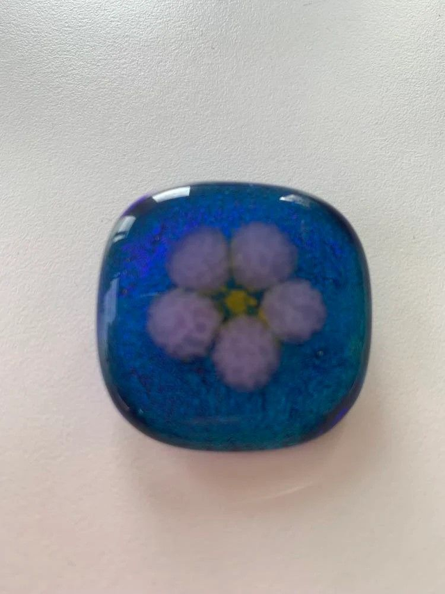 Deep Blue and Lilac Flower Fused Glass Brooch